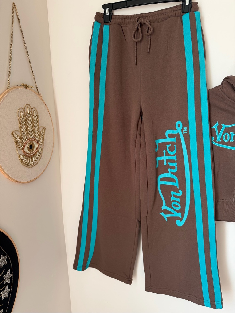 Von Dutch Brown teal rhinestone Hoodie and wide leg sweatpants set - Picture 7 of 10